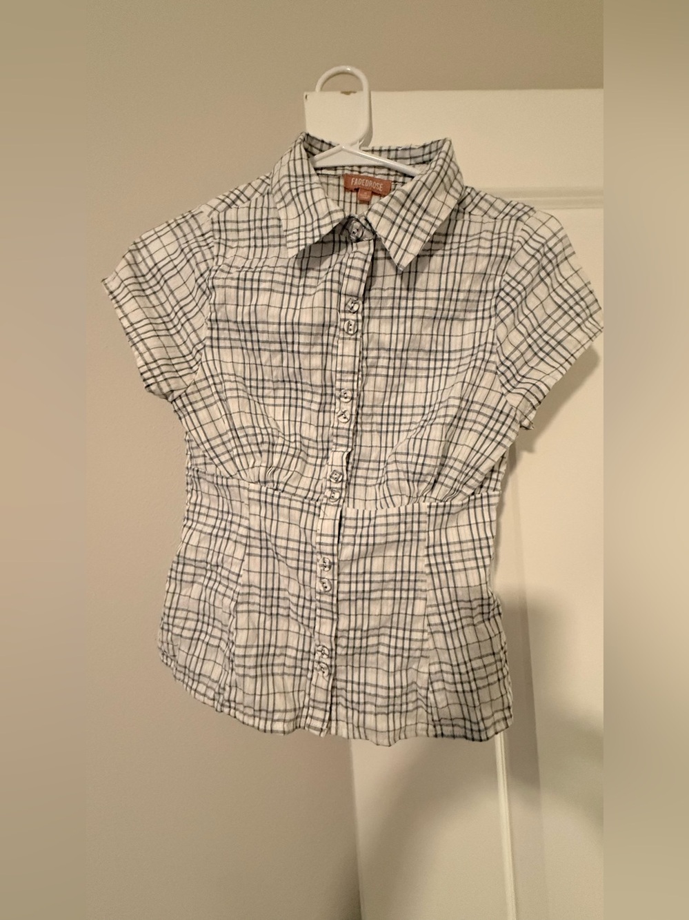Blue Plaid Short-Sleeve Button Front Blouse